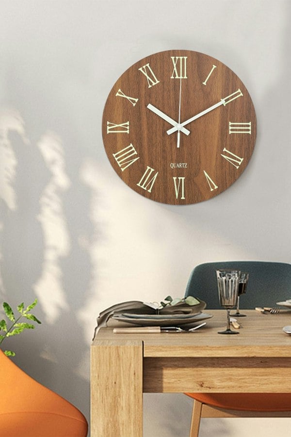 Living and Home 12-Inch Modern Luminous Wood Silent Wall Clock