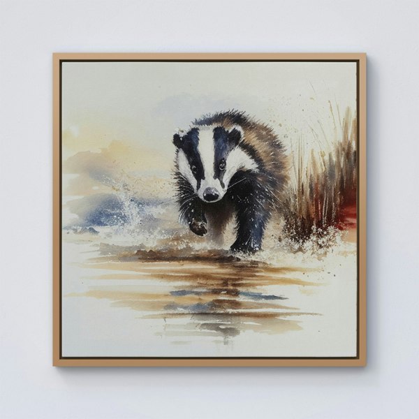 Warren Reed Wading Badger Watercolour Framed Canvas