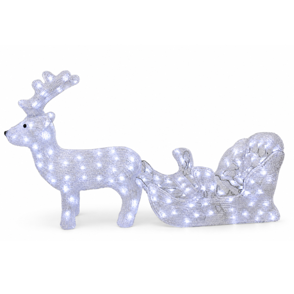 Acrylic Reindeer & Sleigh Christmas Decoration with 160 White LED Lights, Waterproof Indoor & Outdoor Display, 5m Cable