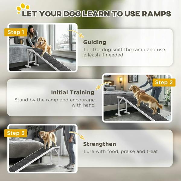 Dog training ramp with dark carpet tread, white frame, dog using ramp