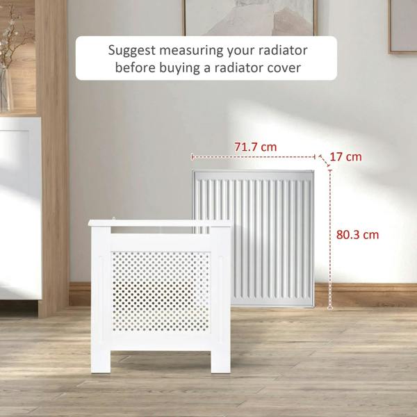 White radiator cover cabinet with perforated front grille and open lower airflow space.