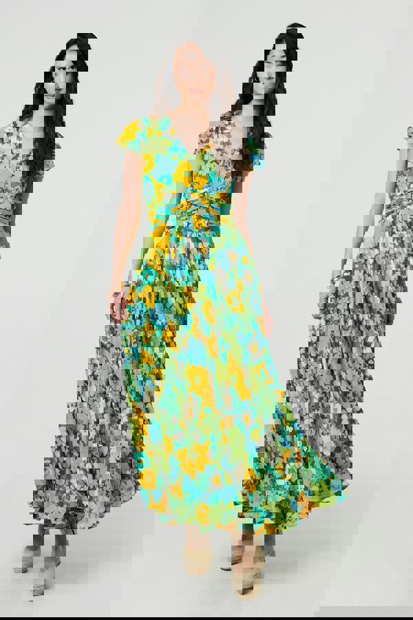 Green | Floral Ruched Cap Sleeve Maxi Dress
