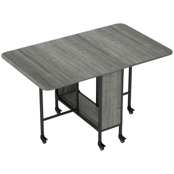 Grey drop-leaf dining table with black legs and caster wheels, compact folded top