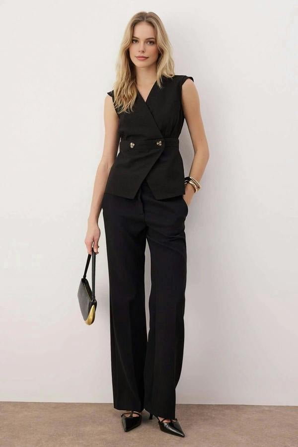 WOVCOR Double-Breasted Woven Blouse with Bone Button Detail