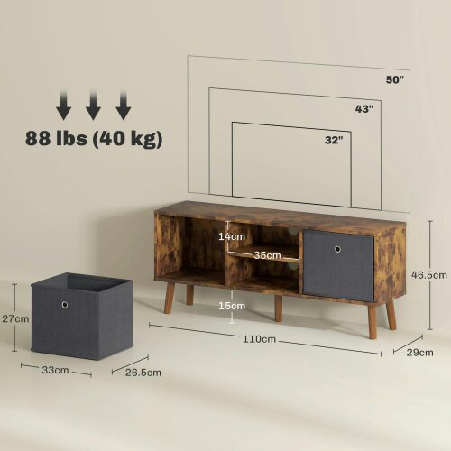 Wyld Haus Dilo 110cm Wooden Rustic Brown TV Storage Cabinet With Fabric Fold Down Drawers For Screens Up To 50 Inches