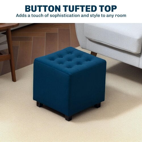 Wyld Haus Dimano Velvet Blue Upholstered Square Ottoman Diamond Tufted Pattern