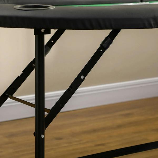 Close-up of black metal folding legs under the poker table, with hinge hardware visible