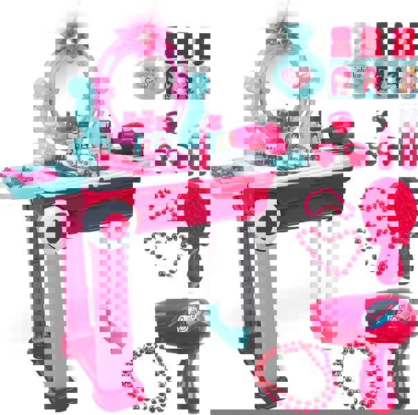 deAO Toys 2-in-1 Portable Vanity Dressing Table and Convertible Suitcase Role Play Set with Accessories Included