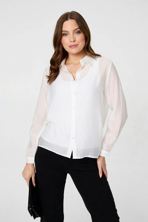 White | Long Sleeve Button Front Shirt : Model is 5'9"/175 cm and wears UK8/EU36/US4/AUS8