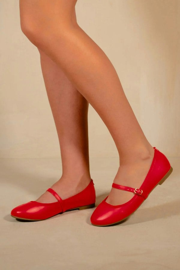 Where's That From Josie Wide Fit Ballerina Flats With Strap Detail in Red Faux Leather