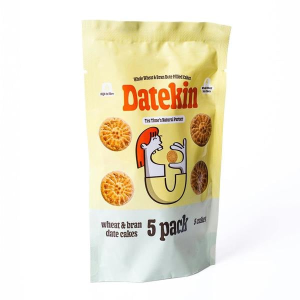 Yellow  and green packaging of Datekin wheat and bran date cakes on a white background side view