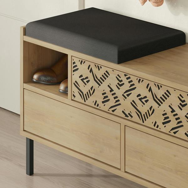 Decortie Heaton Shoe Bench w/ Fabric Cushion Seat 3-door Storage Cabinet 111(W)x37(D)x56.5(H)cm Metal Legs Hallway