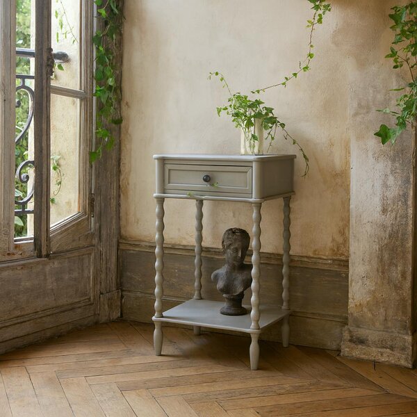 Wyld Haus Thuy Grey Wood One Drawer Side Table Bottom Shelf