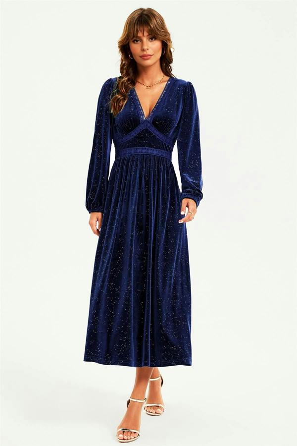 FS Collection Silver Foil Velvet Lace Trim Neckline Midi Dress In Navy