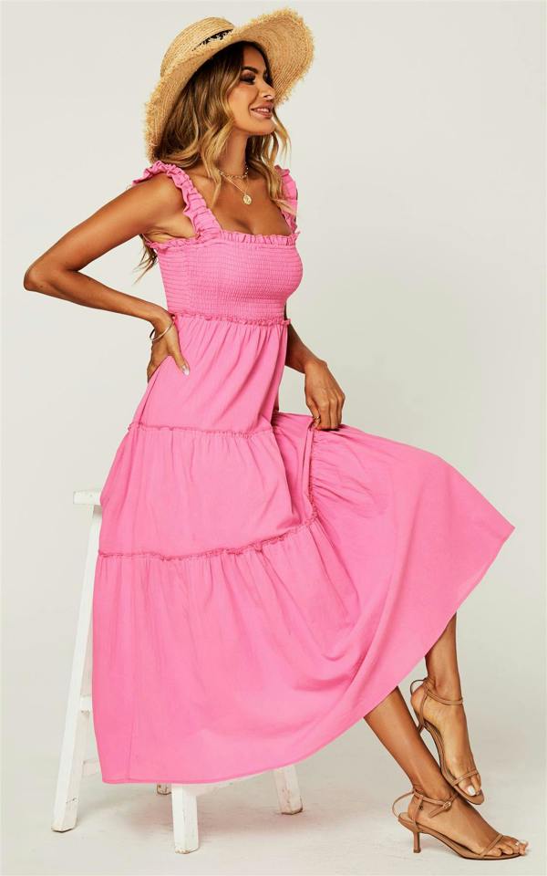 FS Collection Hem Detail Tiered Maxi Dress In Fuchsia Pink