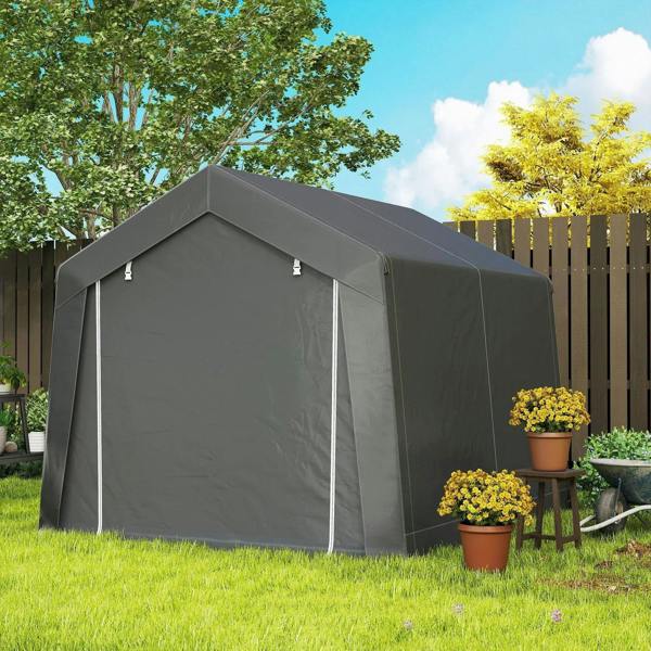 Dark grey portable outdoor storage shed tent with corner seams and full side panels