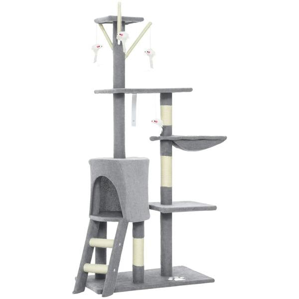 Grey multi-level cat tower with condo, platforms, and sisal scratching posts for kittens