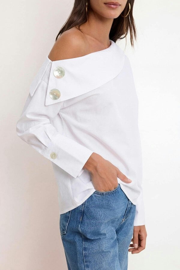 WOVCOR Asymmetric Neck Long Sleeve Woven Blouse