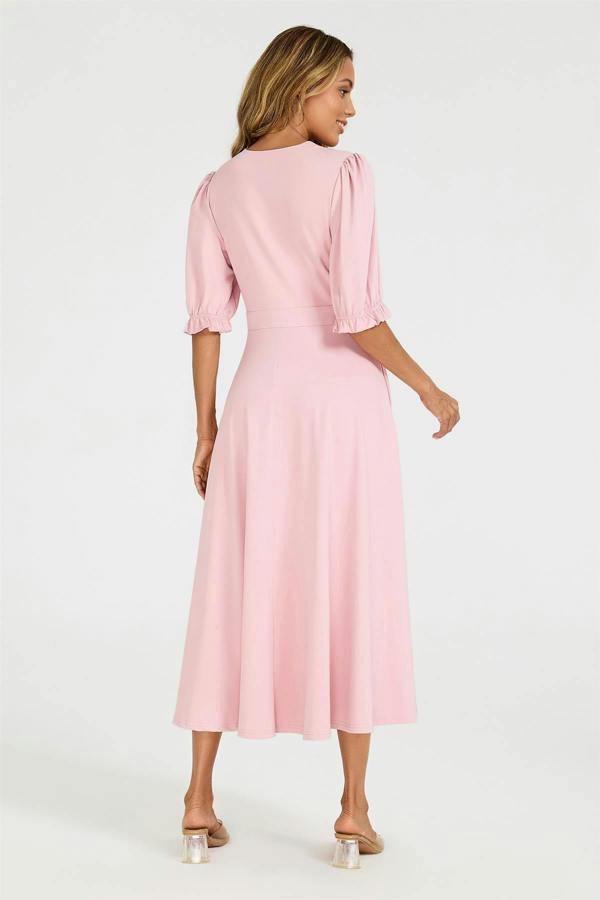 FS Collection Half Sleeves Jersey Midi Dress with Wrap Neckline In Dusty Blush