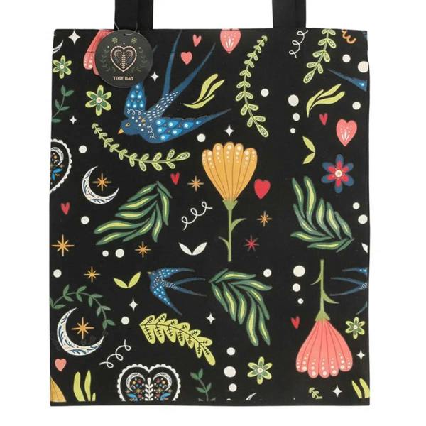 Black polcotton tote bag featuring detailed birds, flowers, and hearts
