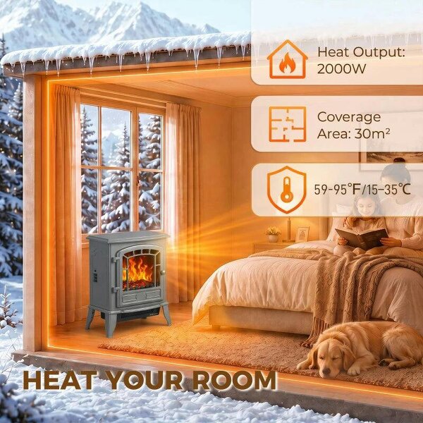 Electric Fireplace Stove, 1000W/2000W, Freestanding Electric Fire with LED Flame Effect, Adjustable Thermostat, Grey
