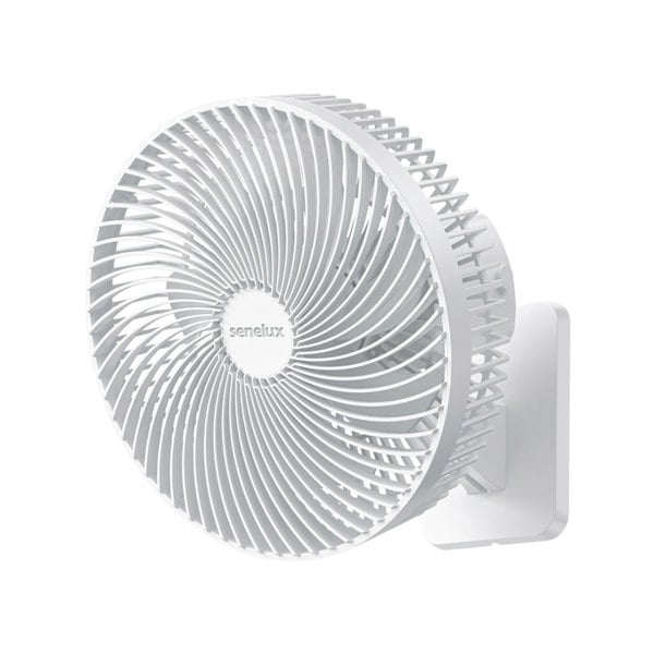 The Senelux 10 inch wall fan against a white background with the Senelux logo in the middle of the fan