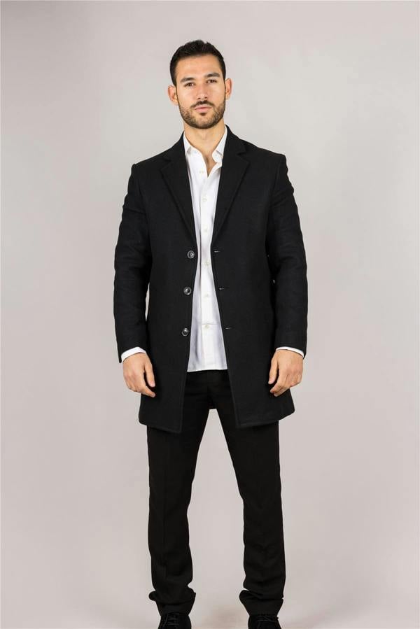 Infinity Leather Men's Notched Lapel Collar Wool Blend Black Overcoat
