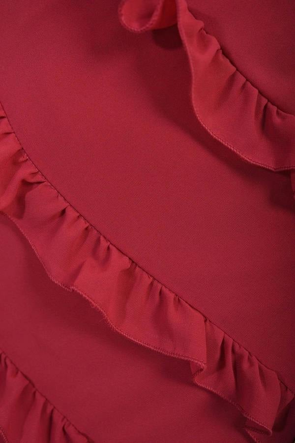 Gracie V-neck Tiered Ruffle Backless Maxi Dress - Cherry Red