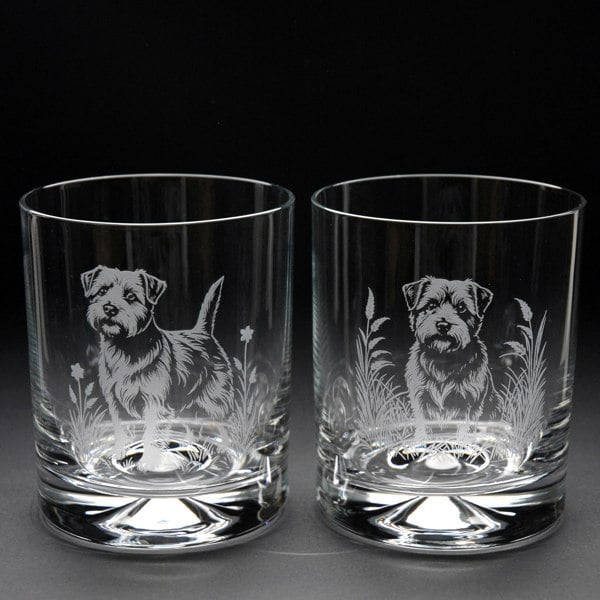Glyptic Glass Art Norfolk Terrier Dog Whiskey Tumbler Glass - Hand Etched/Engraved Gift