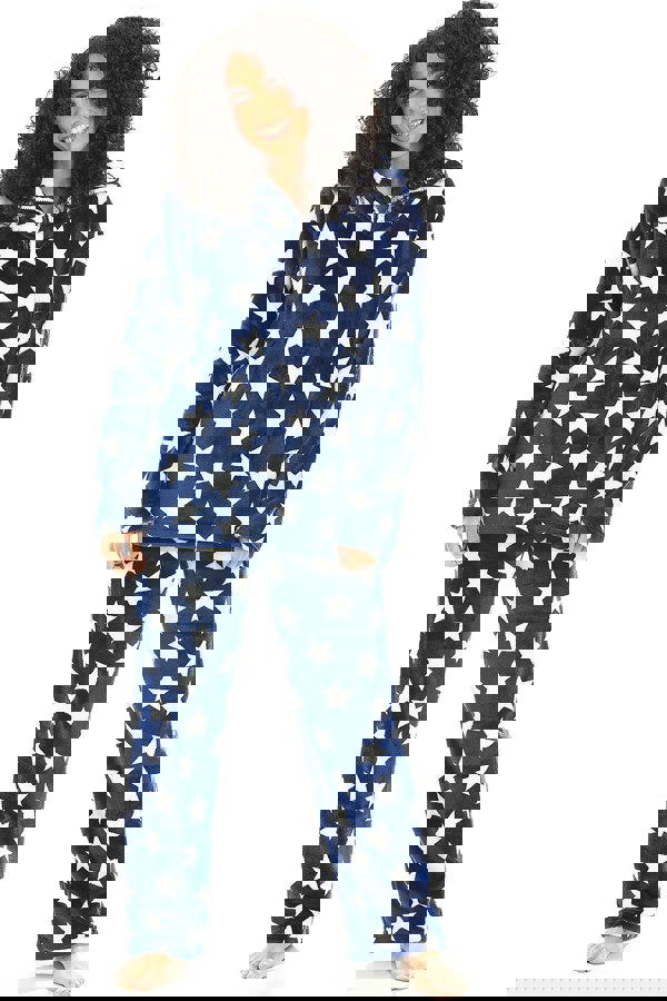 Camille Womens Supersoft Fleece Navy Star Print Pyjama Set