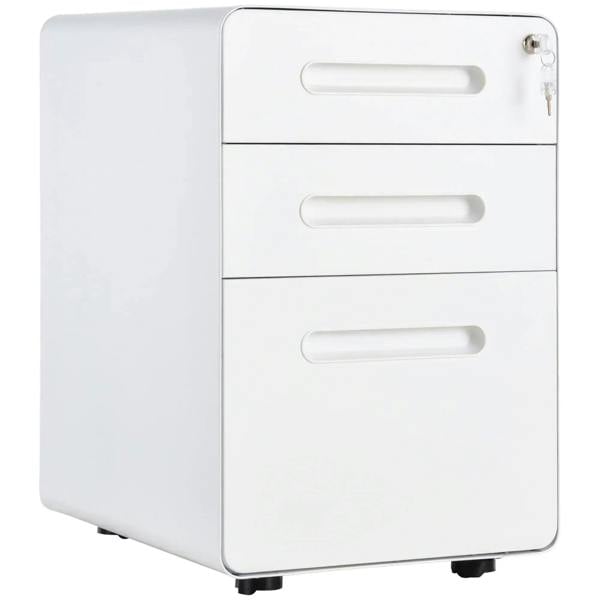 White 3-drawer lockable vertical file cabinet with silver handles and key lock.