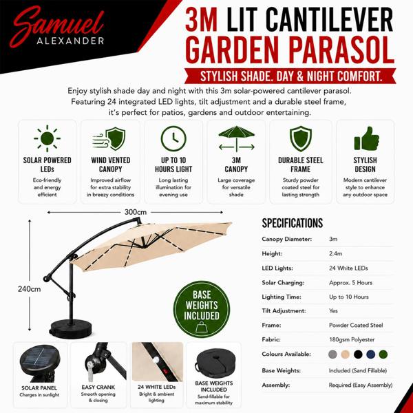 Samuel Alexander 3m Solar Powered Cantilever Lit Banana Garden Parasol with Crank Handle & White LED Lights in Beige with Base Bag Included