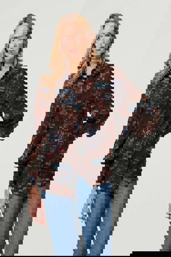 Brown | Printed Balloon Sleeve Relaxed Shirt