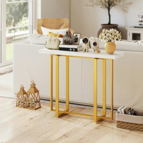 Wyld Haus Larose Metal And Faux Marble White Narrow Console Table With Anti Tip Steel Frame 100 cm