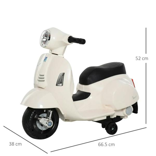White kids ride-on scooter with headlight and black seat; side profile with size marks