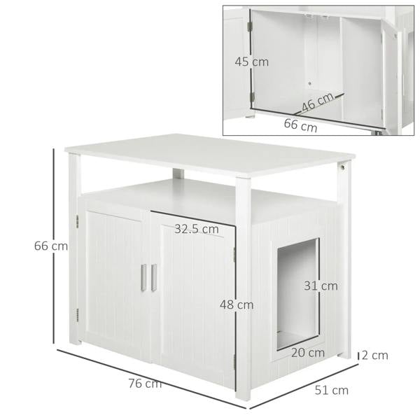 White wooden cat litter box enclosure with open front and side access window; size view