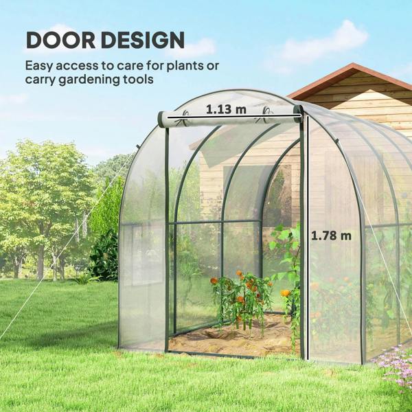 Clear greenhouse with front door and arched steel frame for easy access