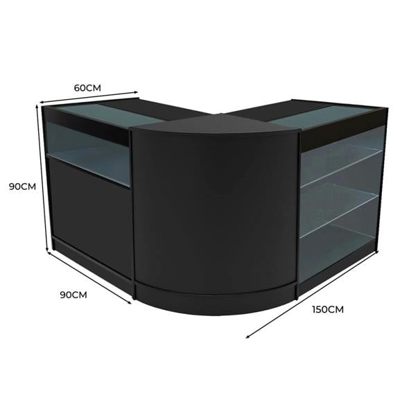 Curved black Triton LED shop counter set featuring glass shelves, sleek design, and dimensions of 150cm x 90cm x 60cm