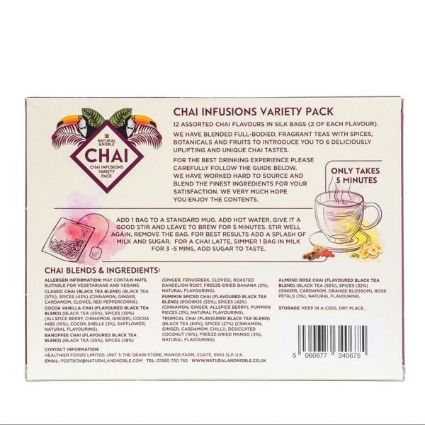 Rear of Natural & Noble Chai Infusion Bags Variety Pack Showing Instructions and Ingredients