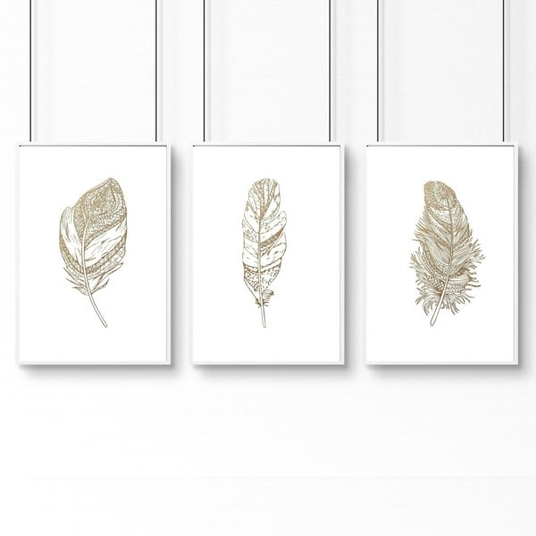 Gold artwork for living room | set of 3 Feathers wall art prints