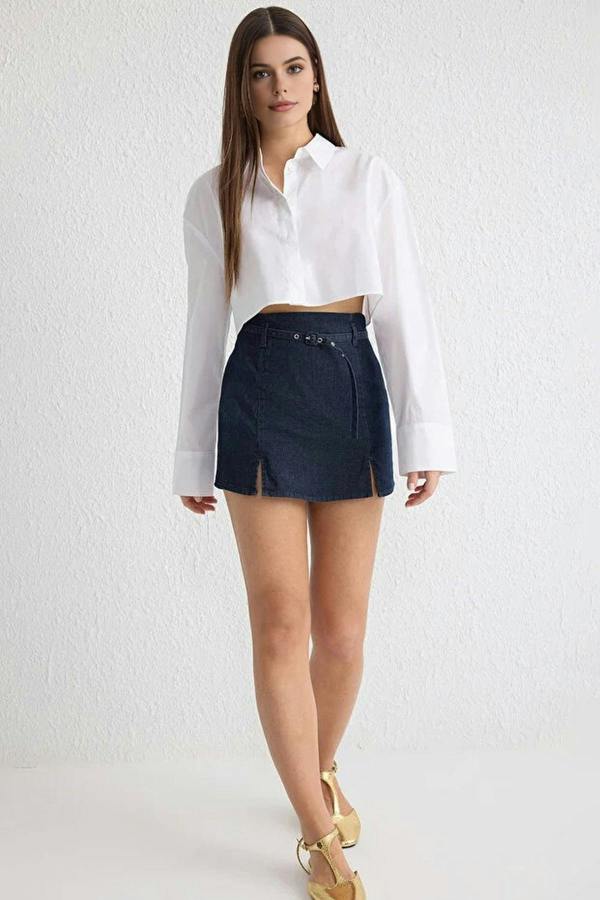 WOVCOR Belted High Waist Denim Shorts Skirt with Slit Detail