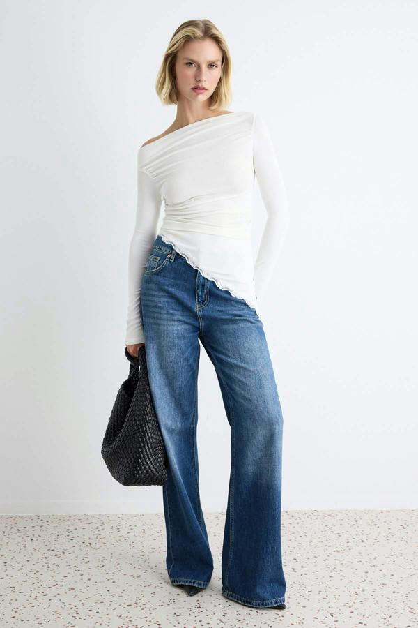 WOVCOR Fitted Boat Neck Long Sleeve Lace Detail Ribbed Blouse