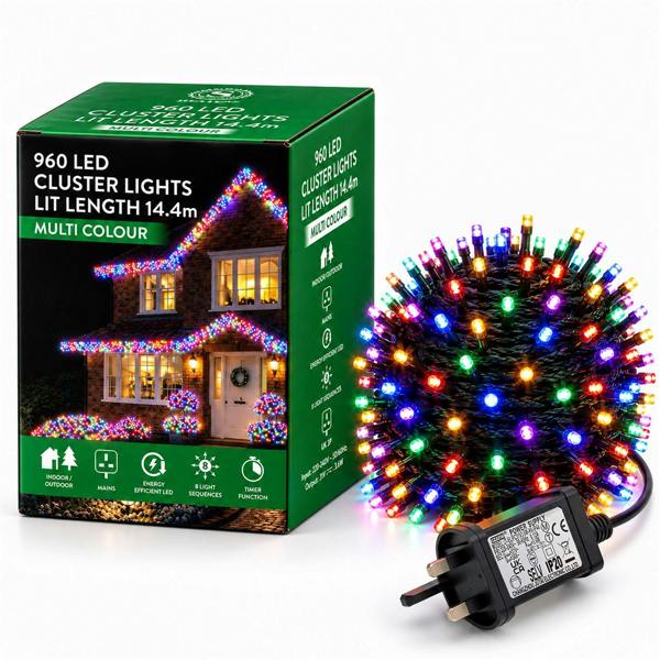 Cluster Green Cable Multicolour LED Christmas Lights, 480 to 1920 LEDs, 8 Effects, Timer, Mains Powered image 1