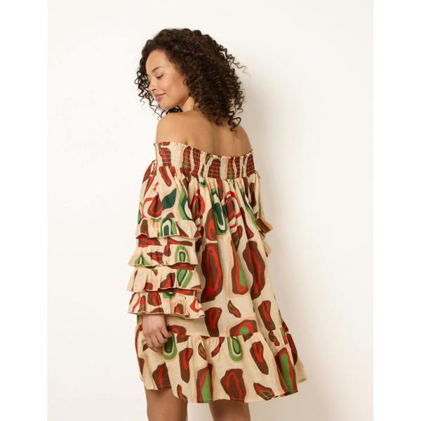 Blue Vanilla Printed Frill Sleeve Bardot Off Shoulder Tunic Dress