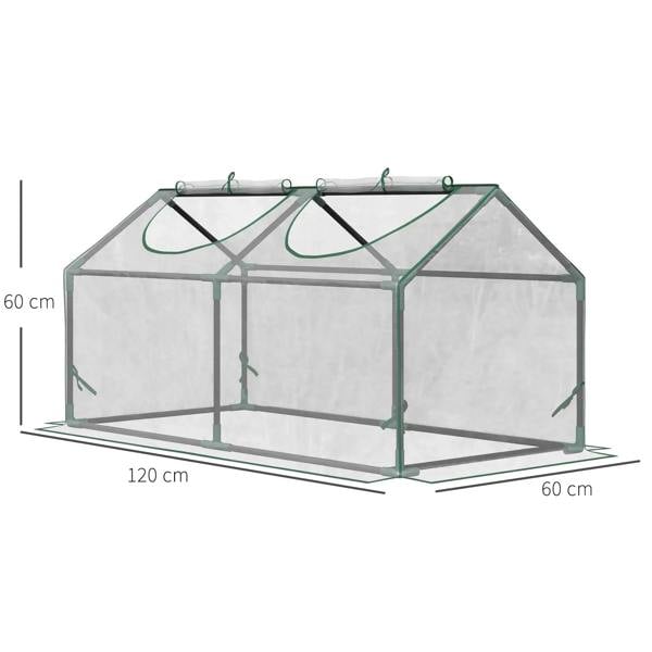 Mini greenhouse with clear cover and green frame; 120 x 60 cm base