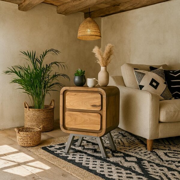 Wyld Haus Los Angeles Reclaimed Wood and Metal 2 Drawer Bedside Table