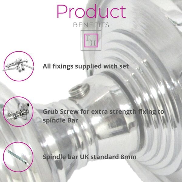 EDH Door Hardware Polished Chrome Reeded Door Knobs + Latch Set Sprung Handles 1 Pair