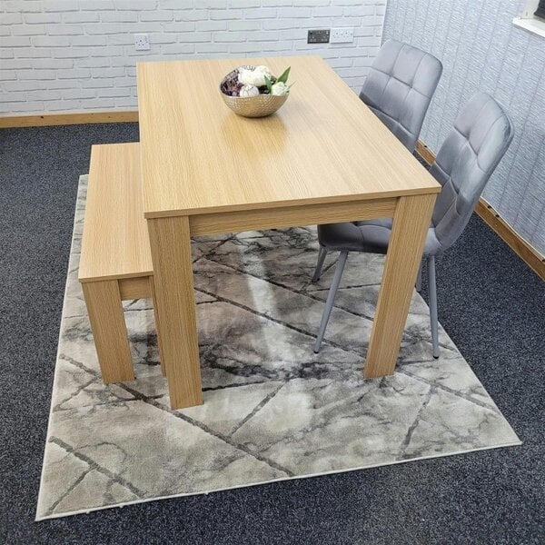KOSY KOALA 4 Seater Modern Light Wood Dining Table Set with 2 Grey Velvet Chairs and Bench H75 x L140 x W80 cm