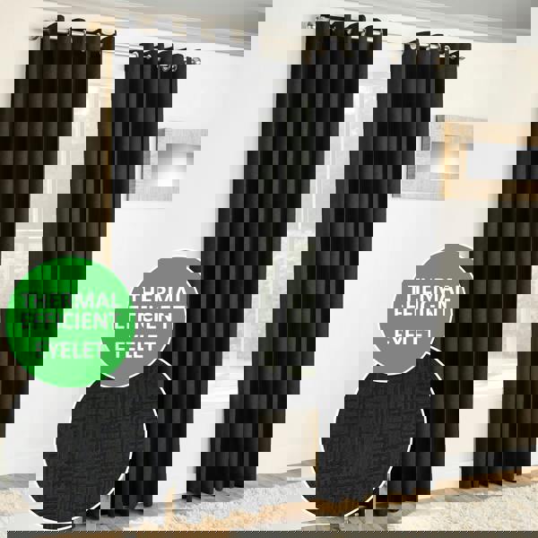 Enhanced Living Black Plain Textured Thermal Room Darkening Energy Saving Pair of Curtains For Bedroom & Living Room