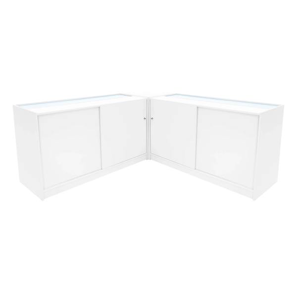 Triton LED Shop Counter Set in white, featuring sleek surfaces, sliding doors, and integrated LED lighting for modern retail displays